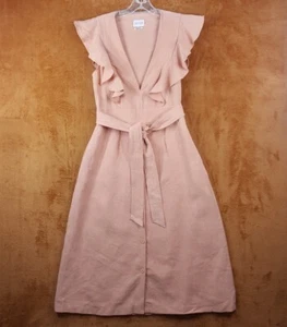SAYLOR Womens Dress Medium Pink Belted A-Line Midi Ruffle 100% Linen SUE - Picture 1 of 13