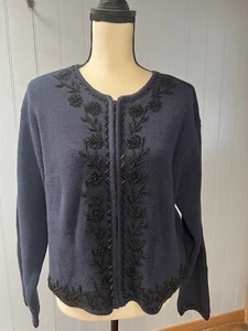 Lizwear Long Sleeve Beaded Trim Full Zip Cardigan Sweater Size Medium - Picture 1 of 11