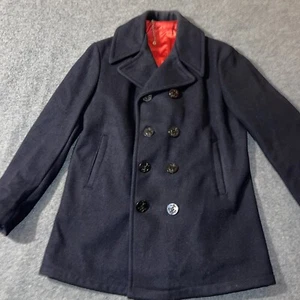 Vintage Cooper Pea Coat Double Breasted 100% Wool Navy Red Lining Unisex Size 40 - Picture 1 of 22