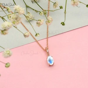 6x4mm Oval Moonstone Handmade 14k Rose Gold Diamond Accent Charm Pendant For Her - Picture 1 of 11