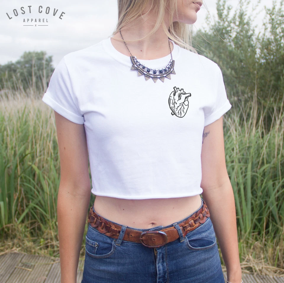 Anatomical Heart Pocket Crop Top Shirt Grunge Tee Fashion Tumblr Human Love Logo - Image 1 of 1