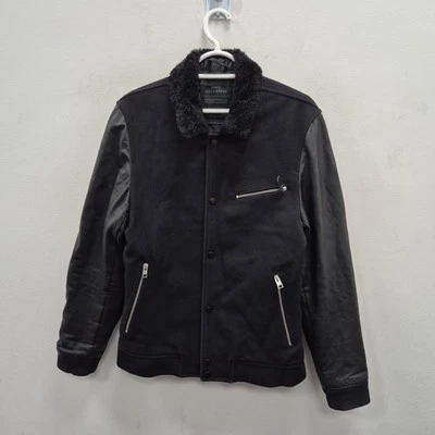 Chaqueta de Lana Allsaints Biwa Negra Mangas de Cuero Motociclista Bombardero Aviador Mediana Foto 1 de 4