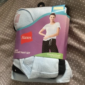 Hanes Tagless Knit Tee and Pant Set Women's L/XL Sleepwear Blue/Black Brand New - Picture 1 of 4