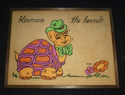 Vtg 1970 Herman the Hermit Turtle Burlap Framed Bulletin Board 24x18" - Image 1 of 4