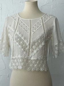 Belle Du Jour Top LARGE JRS, Ivory Rayon Cropped Crochet Lace Tie Back NWT - Picture 1 of 13