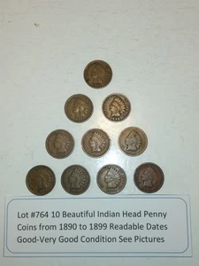 Lot #764 10 Beautiful Indian Head Penny Coins 1890 to 1899 G-VG See Pictures - Picture 1 of 8