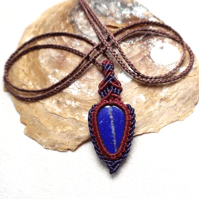Spear Spirit~ Natural Lapis Lazuli Hand Woven Micro Macrame Gem Crystal Necklace - Image 1 of 4