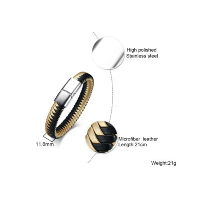 Pulsera de cuero de microfibra de oro negro con letras de acero inoxidable para hombre Foto 1 de 4