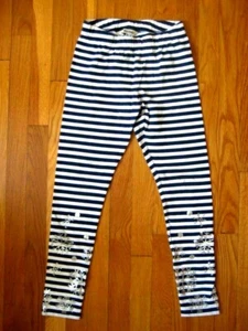 Lands End Navy & White STRIPED PANT holiday leggings silver snowflake Size S 7/8 - Picture 1 of 1