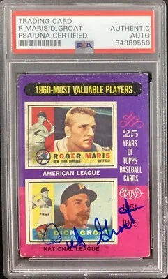 Roger Maris Signed 1975 Topps #198 NYY Baseball Card Dick Groat Auto GG PSA/DNA - Image 1 of 2