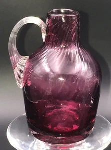 Pilgrim Glass Small Cranberry Red Applied Clear Handled Pitcher Hand Blown 4" - Picture 1 of 11