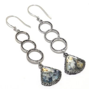 Facettierter Dendrit Achat Edelstein versilbert Ohrringe Schmuck 3 Zoll - Bild 1 von 1