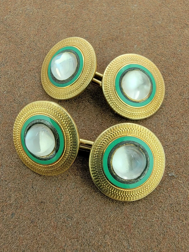 Gemelos Art Deco Nouveau Black Star & Frost oro 14k esmalte verde piedra lunar  Foto 1 de 4