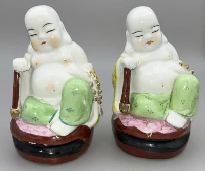 Vintage Chinese Sleeping Buddha Figurine Pair Set Porcelain Figure 14cm tall - Image 1 of 4