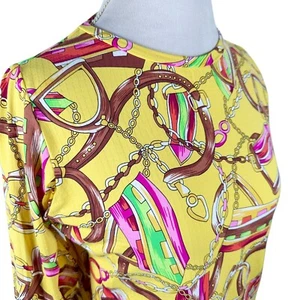 Icikuls Long Sleeve Top Yellow Horse Bit Equestrian Print Mesh Underarms Size S - Picture 1 of 7