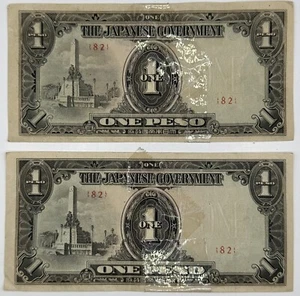2 VTG 1940s PHILIPPINES WWII Japanese 1 Peso Banknotes Taped - Picture 1 of 2