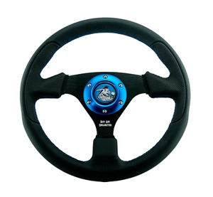 UTV STEERING WHEEL - BLACK LEATHER-BLUE STICTH- BLUE RING - BLUE LOGO - Picture 1 of 4