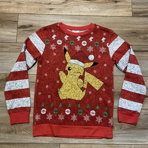 Youth Pikachu Pokemon Christmas Holiday Sweatshirt SZ LARGE Red Fair Isle Kids - Picture 1 of 6
