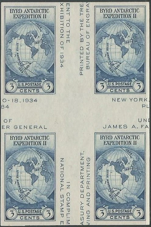 Block of 4 - Scott 768 - Imperf. NGAI - 3 cent - Cross Gutter - Byrd - 1934  MNH - Image 1 of 1