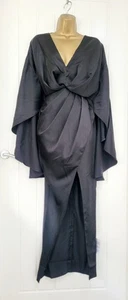 ASOS size 10 Black Satin Batwing Cape Ruched Evening Cocktail Dress Ruched NEW - Picture 1 of 5
