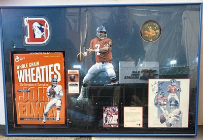 Collage de los Broncos firmado por John Elway enmarcado con caja Wheaties Mile High Stadium 33x22 Foto 1 de 4