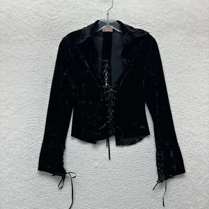 90s Vintage Whimsigoth Edwardian Fairy Vampire Top Black Lace-Up Crushed Velvet - Picture 1 of 9