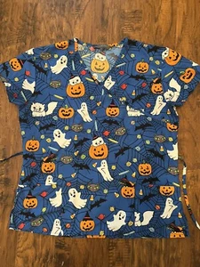Halloween Cat Candy Ghost Pumpkin Large Scrub Top Dr Nurse Vet Tech Medical - Picture 1 of 8