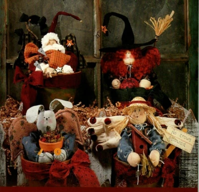 Potted Patch People Doll Pattern Soft Sculpture Primitive Scarecrow Santa Witch - Image 1 of 2