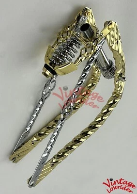 VINTAGE LOWRIDER 20" DROP-DOWN GOLD/CHROME BIRDCAGE SPRING FORK W/90 DEGREE RING - Image 1 of 2