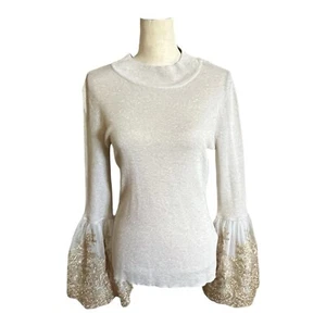 Boston Proper Metallic Top Medium Gold Embroidered Bell Sleeve Holiday Party - Imagen 1 de 10