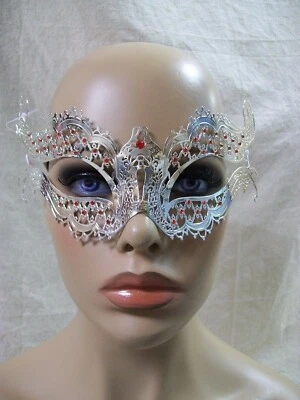 Silver Metal Filigree Eye Mask Red Stones Winged Renaissance Masquerade Vampire - Image 1 of 4