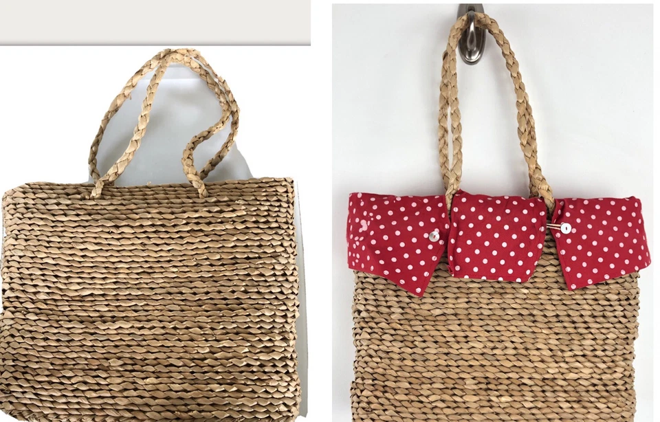 Bolso de Mano de Paja Grande 15x12x4 Extraíble Forro Bolsillo Interior Rojo Lunares AQ1 Foto 1 de 4