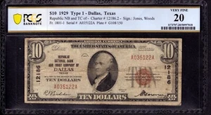1929 $10 REPUBLIC NATIONAL BANK NOTE CURRENCY DALLAS TEXAS PCGS B VF 20 - Picture 1 of 2