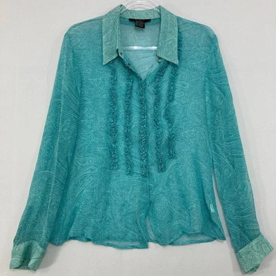 De colección ECI New York Grande Azul Estampado Artístico Volantes Pura Seda Transparente Abotonado Foto 1 de 4