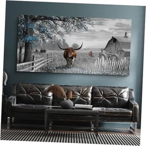 Western Home Decor - Cow Picture Rustic Wall Art - 48x24 Inches Longhorn Wall - Picture 1 of 7