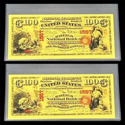 LOT X 2 1875 $100 BILL US GOLD BANKNOTE IN PROTECTIVE SLEEVE W COA - 24K GOLD - Image 1 of 4