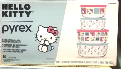 NUEVO Pyrex Hello Kitty Contenedor de Almacenamiento de Alimentos de Vidrio Decorado Juego de 8 Piezas Foto 1 de 4