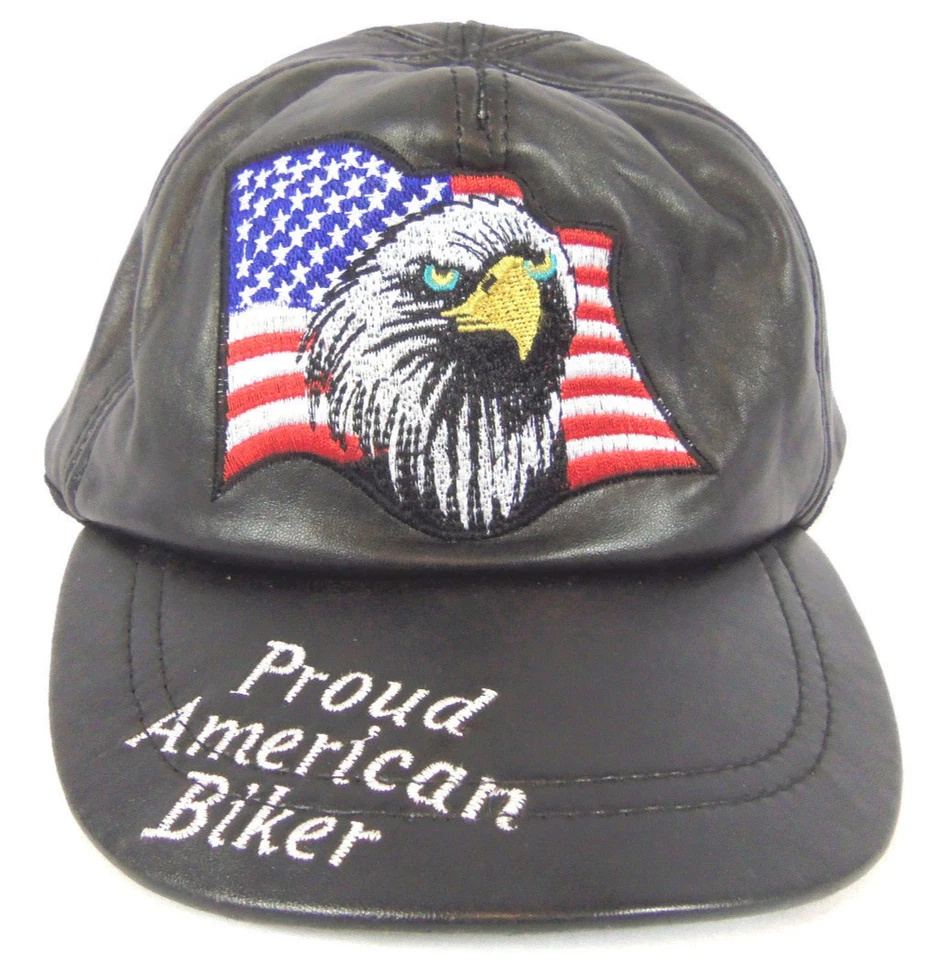 Diamond Plate Solid Leather Adjustable Cap Proud American Bikers - Image 1 of 2
