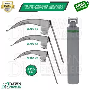 4 Pcs Mccoy Laryngoscope Flexi-Tip Fiberoptic Led Blade #2, 3, 4 Medium Handle - Picture 1 of 10