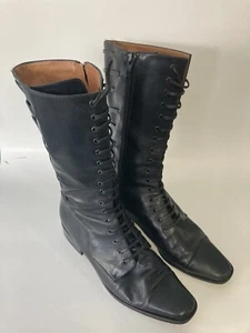 Pura Lopez Women Black Leather Flat Riding Boot Round Toe Calf High Side Zip 7-8 - Picture 1 of 11