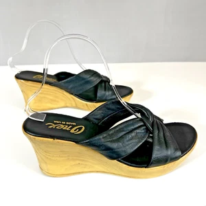 Onex Puffy Black Italian Leather Wedge Sandals Wood Tone Heel Sz 8 - Picture 1 of 14