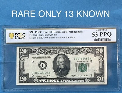 1950C $20 MINNEAPOLIS FRN - 13 KNOWN, FR 2062-I PCGS 53 PPQ AU - Image 1 of 3