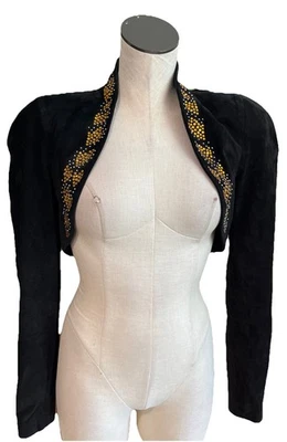 Vtg 80s michael hoban north beach women’s 7/8 Black suede jeweled Bolero Jacket - Image 1 of 4