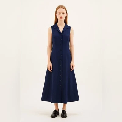 Lauren Ralph Lauren 100% Silk Navy Button Front Collared Sleeveless Dress Sz 4P - Image 1 of 4