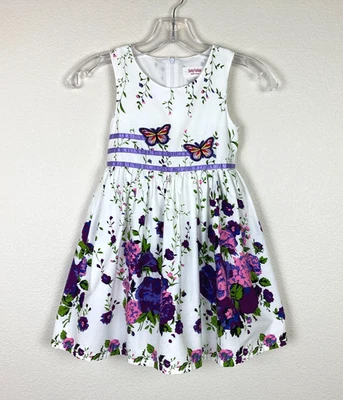 Sunny Fashion Girls Summer Dress with Belt Size 4/5 Purple Flowers & Butterflies - Image 1 of 4