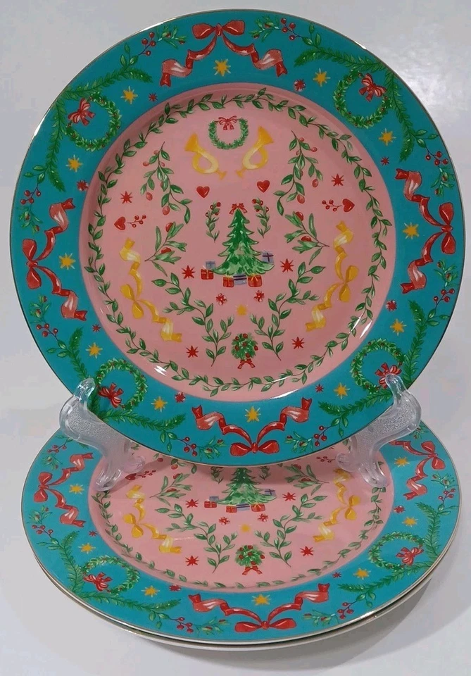 Set of 3 Monterey Bay 8" Teal and Pink Christmas Salad / Dessert Plates, New - Image 1 of 1