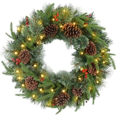 Christmas Wreath 60cm PRE LIT Xmas Deco Pine Cones Red Berries LED Timer Green - Image 1 of 4