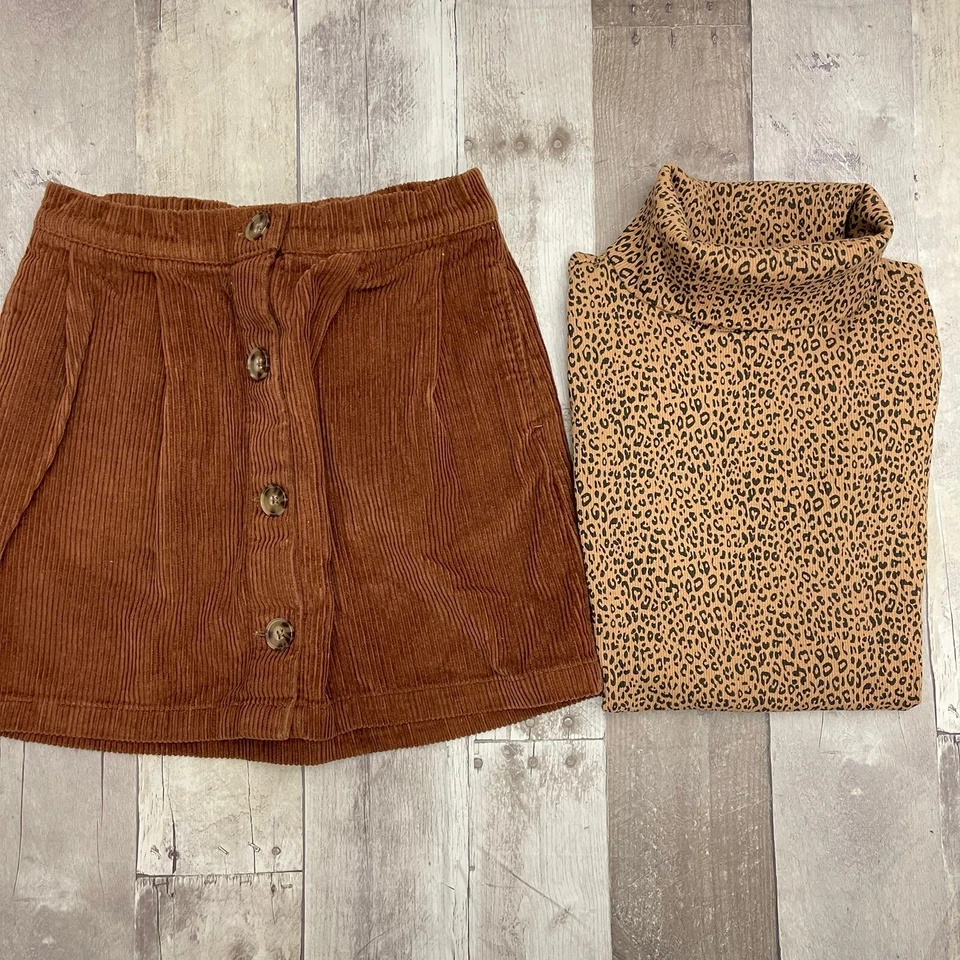 Gap Girls Brown Corduroy Skirt & Animal Print Ribbed Turtleneck Top Lot Size M - Image 1 of 4