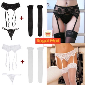 Women Sexy Garter Belt Lace Thigh-Highs Stocking Suspender G-string Set lingerie - Picture 1 of 13