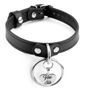 Black Leather Collar Custom Engraved Heart Pendant Steel Ring Col40BlkSl - Picture 1 of 5